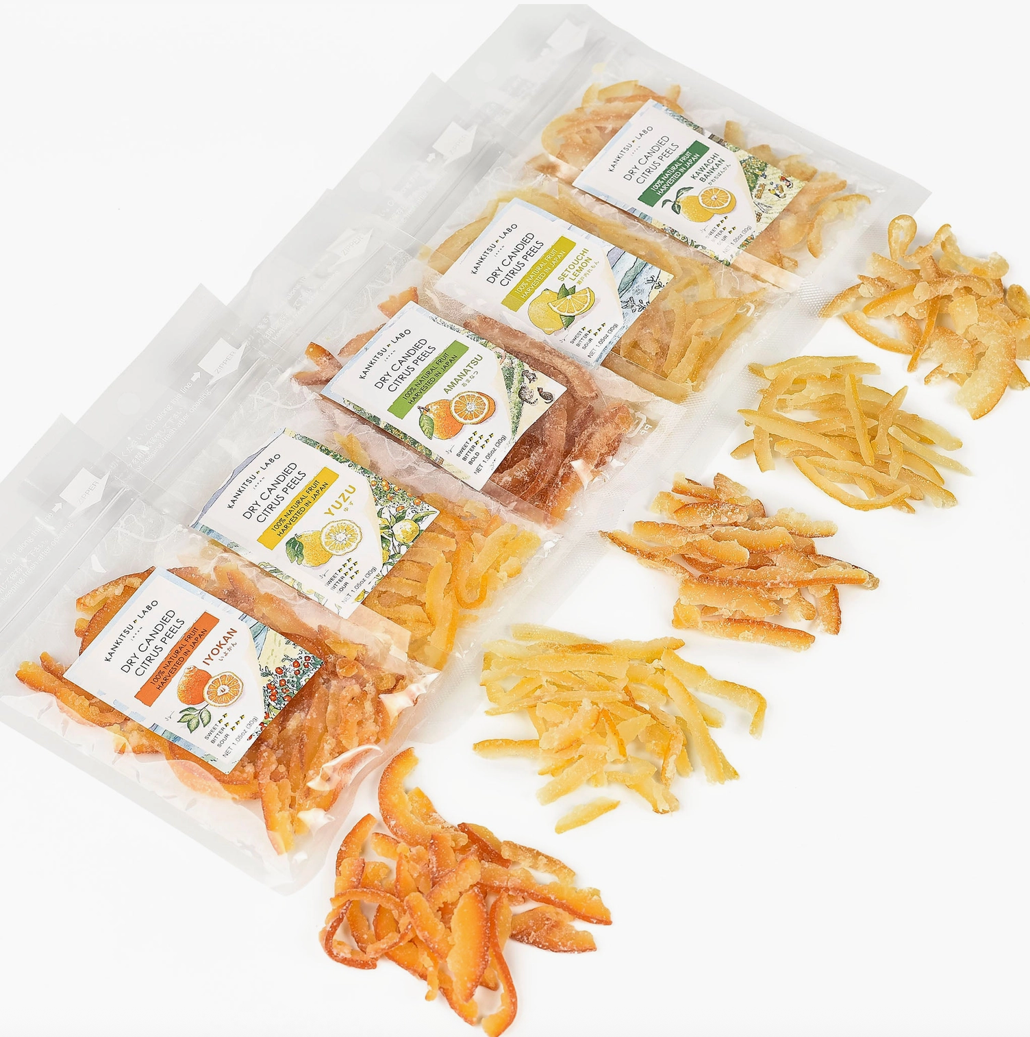 Dry Candied Japanese Citrus Peels - Variety Pack (Yuzu, Amanatsu, Iyokan, Kawachi Bankan, Setouchi Lemon)